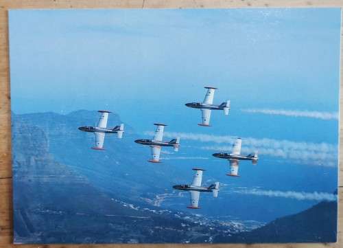 Unused colour photo postcard of the Silver Falcons over Cape Town