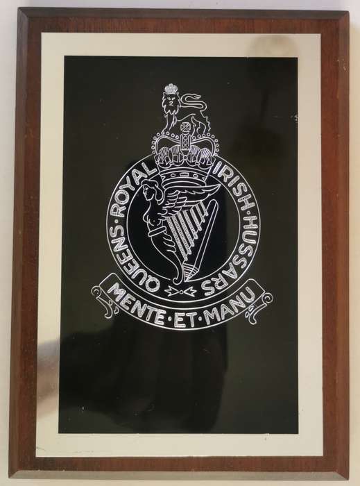 Queens Royal Irish Hussars rectangular plaque - perspex on metal on wood