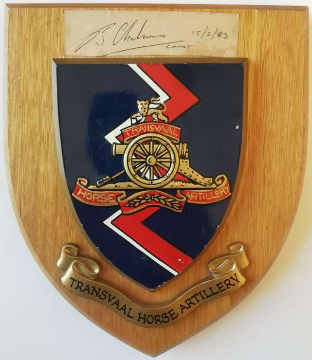 Transvaal Horse Artillery plaque, signed by Commandant Brent Chalmers 1983