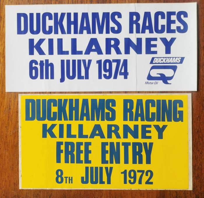 2 unused motor racing advertising car decal stickers Duckhams Races Killarney - 1972 and 1974