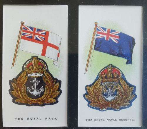 Full set of 50 John Player Cigarette Cards Ships` Flags and Cap Badges 1997 reprint - framed