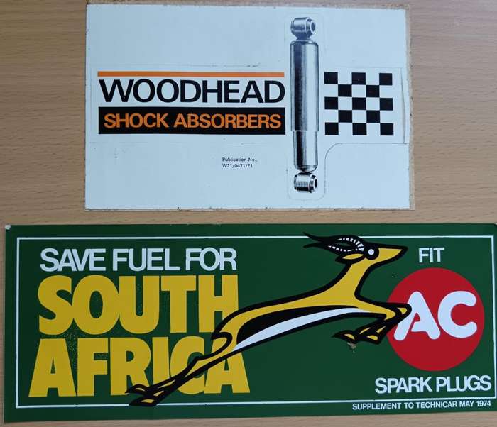 Lot of 2 vintage car-related decal stickers - Woodhead shocks and AC spark plugs