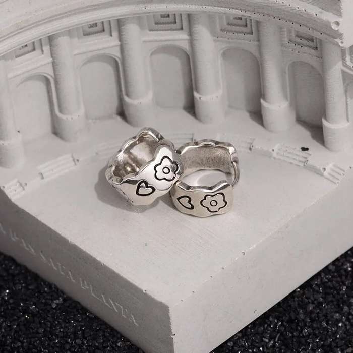 925 Silver Love Heart Flower Huggies
