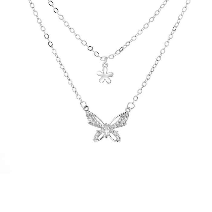 925 Silver Double Layer Butterfly and Flower Necklace