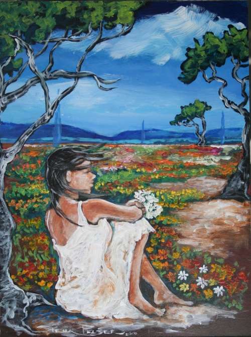 Original Stella Pelser(1970) - "Bolandse Meisie - 'n Hand vol Wit Daisies " 400 x 300 x 6mm