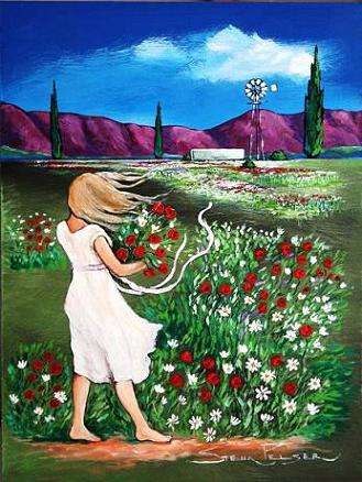 Original painting by Stella Pelser - "Bolandse Meisie met Windpomp in veld met blomme" - 400 x300