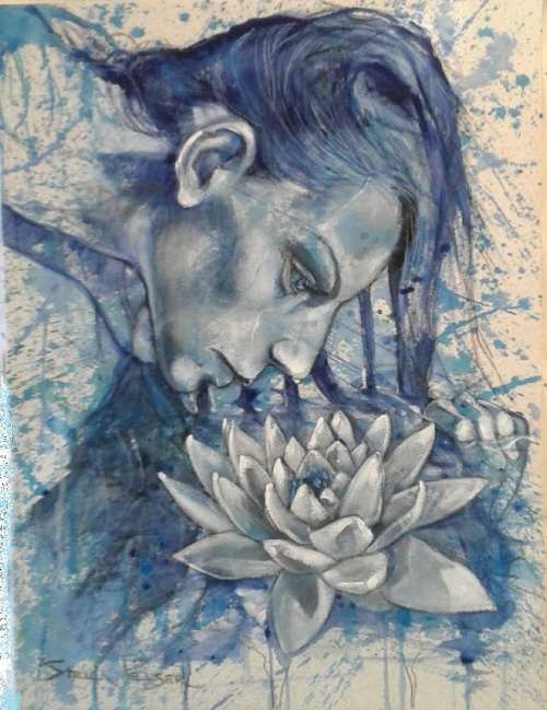 Title : Original Artwork by artist Stella Pelser, Title: "BLUE LOTUS" Acrylic on Canvas 700mm x 53mm