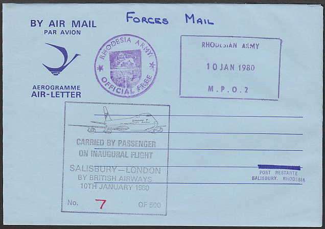 RHODESIA ARMY 1980 FORCES MAIL FIRST BRITISH AIRWAYS FLIGHT 500 FLOWN