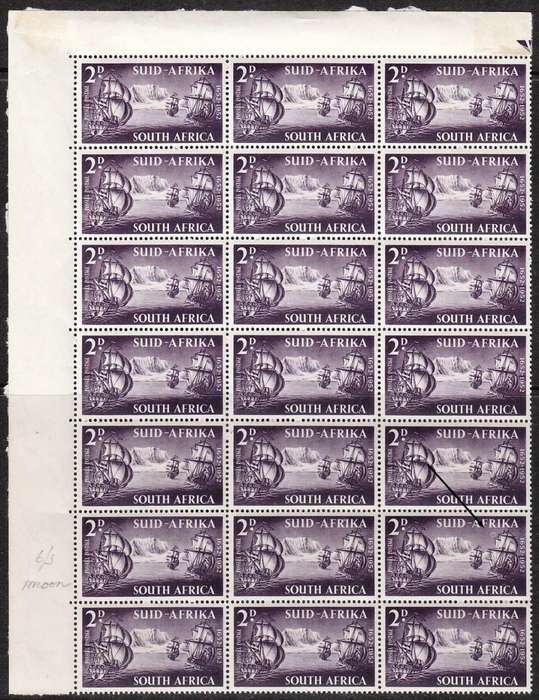 UNION 1952 VAN RIEBEECK 2d BLOCK OF 21, FULL MOON VAR ON 6/3 VERY FINE MINT. SACC 137a R300