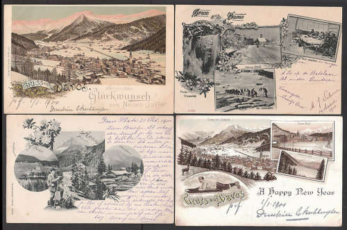SWITZERLAND 1900 FOUR VERY EARLY `GRUSS AUS DAVOS` POSTCARDS USED. VERY FINE CONDITION