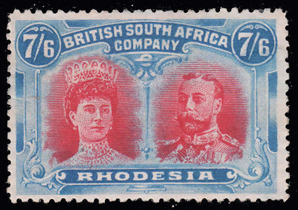 RHODESIA BSAC 1910 DOUBLE HEADS THE RARE 7s6d CARMINE AND BRIGHT BLUE MINT SACC 162 R85000 SEE BELOW