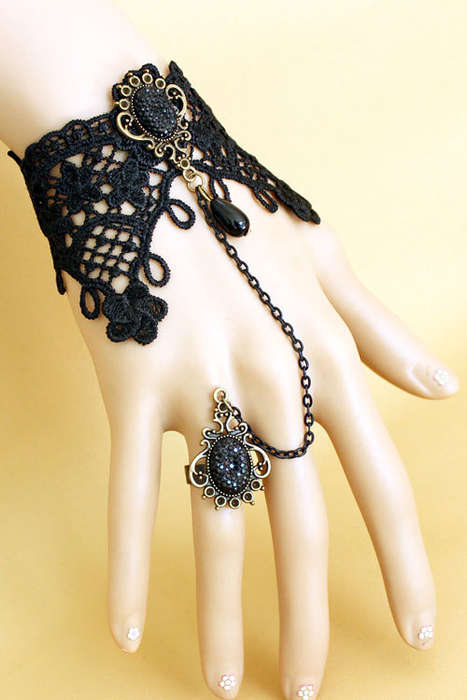 Victorian Black Lace Bracelet with Ring and Resin Diamond - Handmade