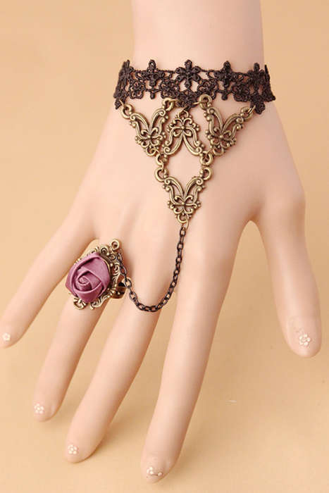 Black Lace Rose Ring Bracelet - Handmade