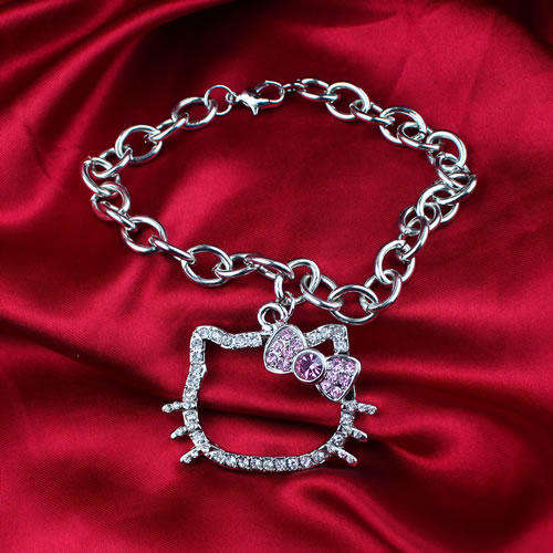 HELLO KITTY BRACELET WITH A-GRADE CLEAR & PURPLE RHINESTONES