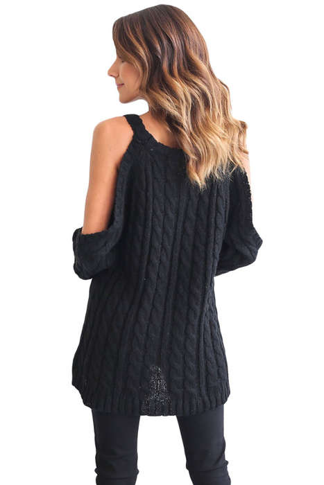BLACK DARING COLD SHOULDER CABLE KNIT SWEATER - S/M