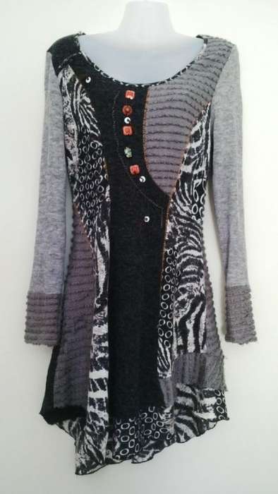 Funky Fine Knit Dress in Grey and Black with Animal Print,  Chains and buttons Size small