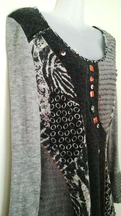Funky Fine Knit Dress in Grey and Black with Animal Print,  Chains and buttons Size small