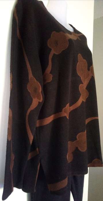Classy Black Sweater with Brown Flower Motif Size Large