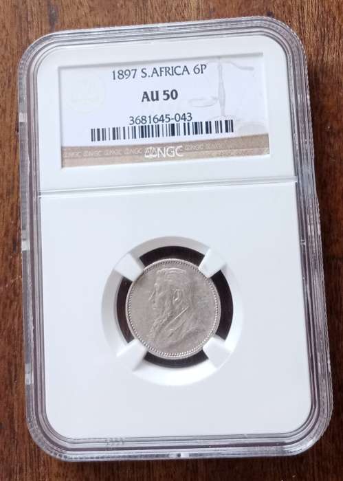 High grade 1897 ZAR Kruger silver sixpence NGC AU50