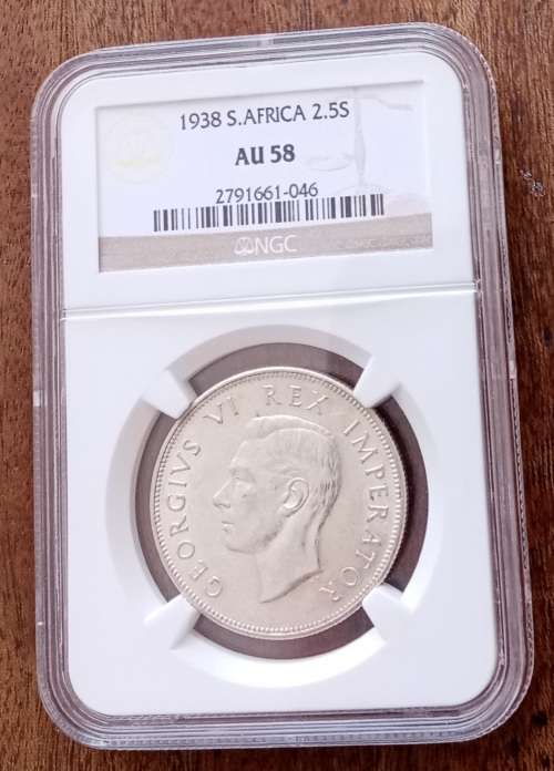 Lustrous 1938 union silver 2 1/2 Shillings NGC AU58