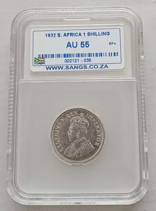 High grade 1932 union silver shilling SANGS graded AU55