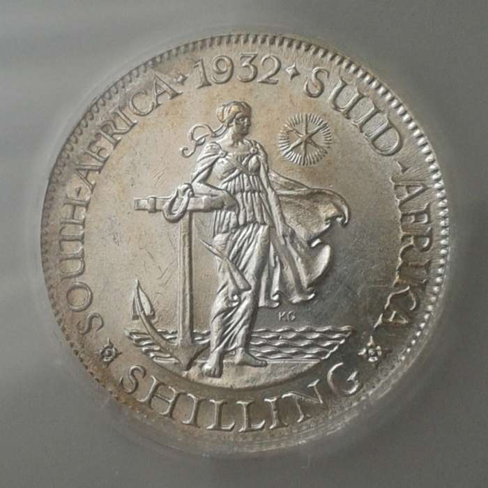 High grade 1932 union silver shilling SANGS graded AU55