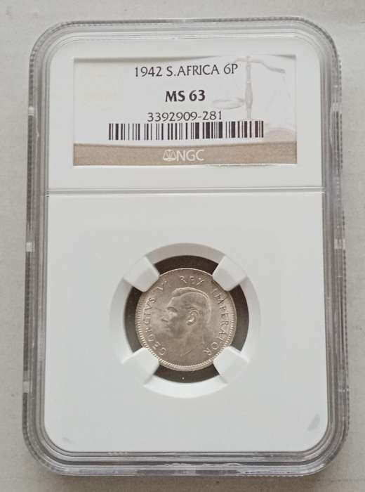 Nice 1942 union silver sixpence NGC MS63 with multiple obverse die cracks
