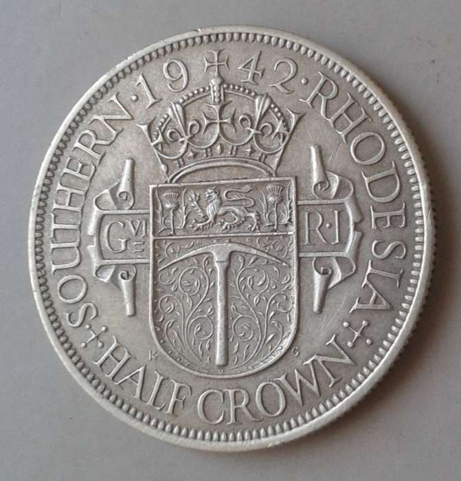 1942 Southern Rhodesia sterling silver half crown with XF Details