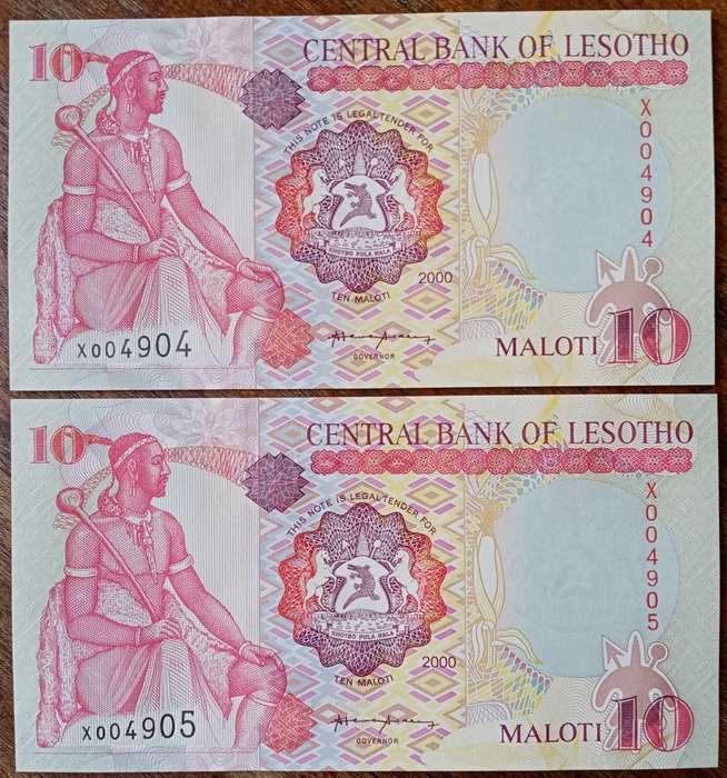 Scarce 2000 Lesotho uncirculated 10 Maloti replacement note set in sequence (low number)
