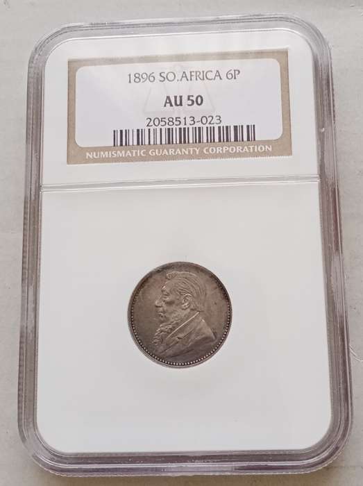 Nice 1896 ZAR Kruger silver sixpence NGC AU50