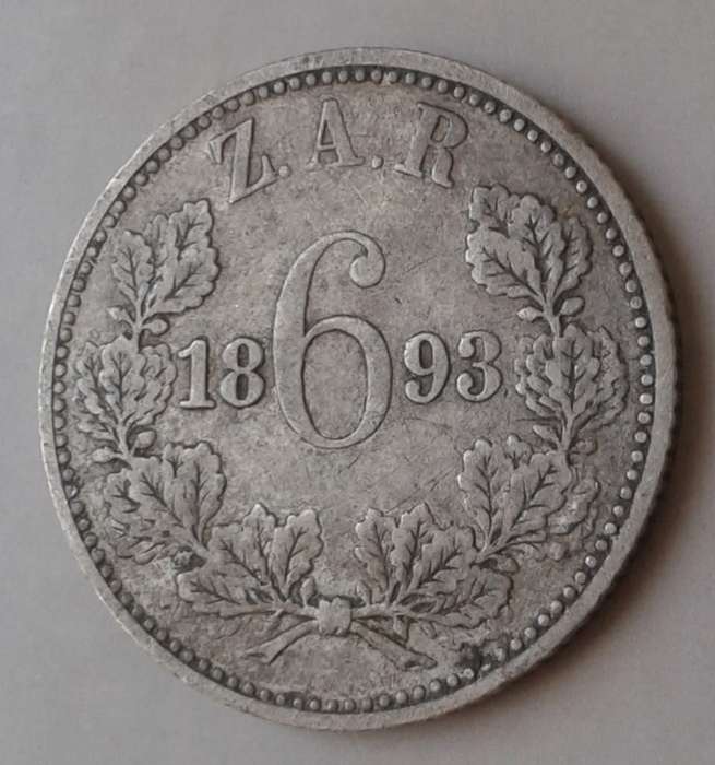 Scarcer 1893 ZAR Kruger silver sixpence in VF.