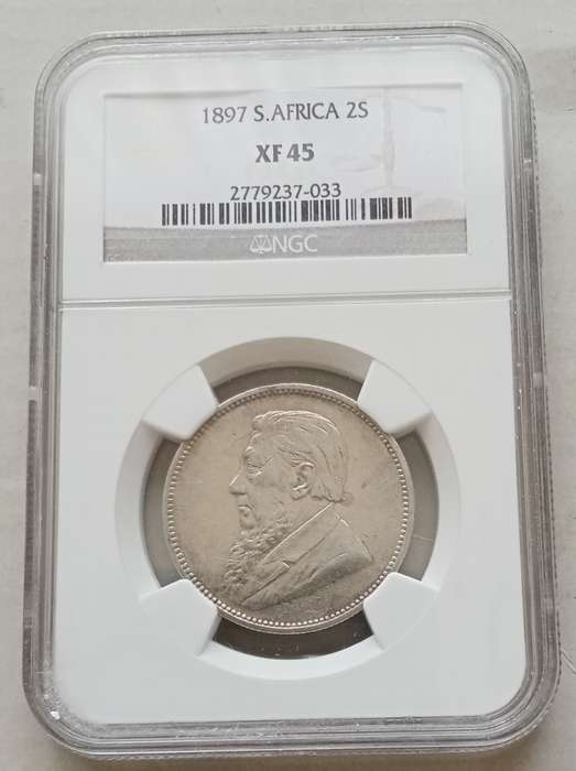 Nice 1897 ZAR Kruger silver 2 Shillings NGC XF45