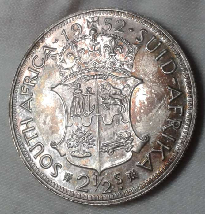 1952 Union proof silver 2 1/2 Shillings with iridescent toning