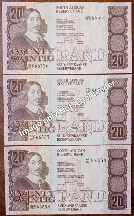 1981 GPC de Kock set of x3 consecutive R20 notes in XF