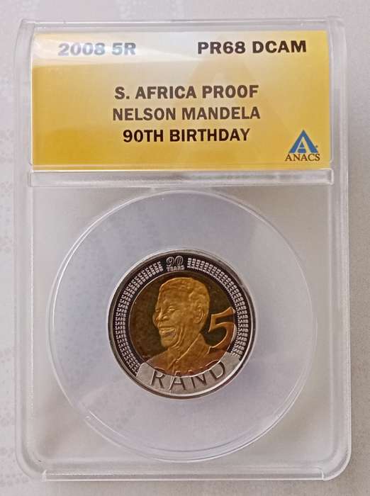 2008 Mandela 90th bday proof `Mirrored Rand` R5 ANACS PR68 DCAM