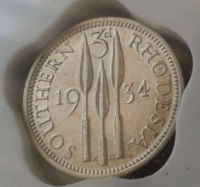 1934 Southern Rhodesia sterling silver threepence SANGS XF40