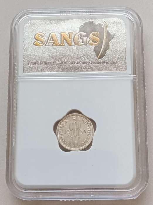 1934 Southern Rhodesia sterling silver threepence SANGS XF40