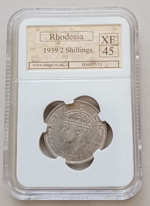 Rare 1939 Southern Rhodesia sterling silver 2 Shillings SANGS XF45 (Key date) CV $325
