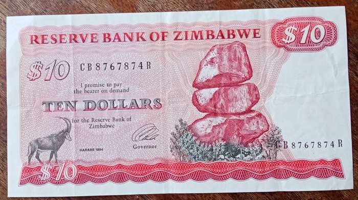 1994 Zimbabwe $10 in XF (Chiremba Rocks)