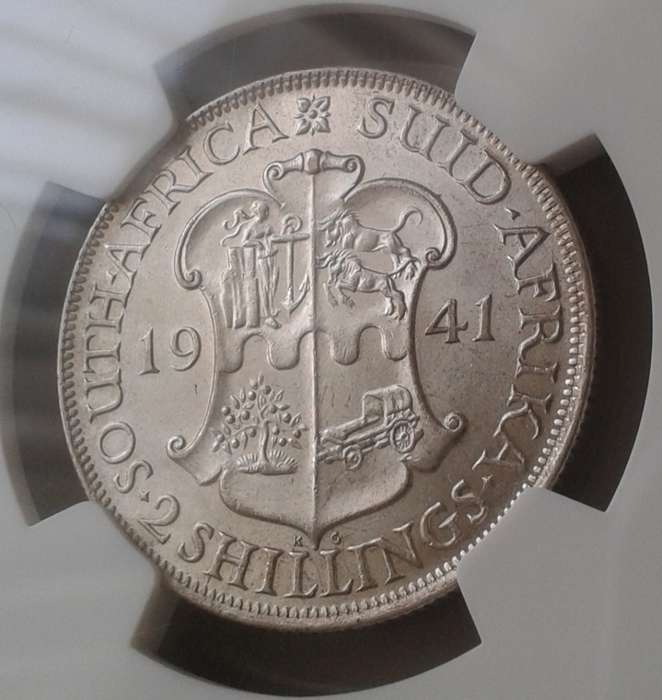 High grade 1941 union silver 2 Shillings NGC AU58