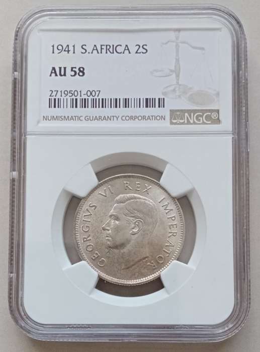 High grade 1941 union silver 2 Shillings NGC AU58