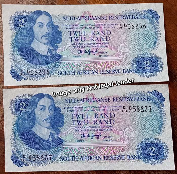 Lot of x2 consecutive 1974 T.W de Jongh R2 notes (Uncirculated)