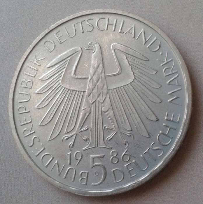 1986 German uncirculated 5 Mark with certificate