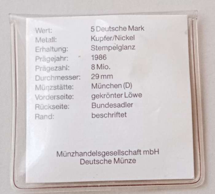 1986 German uncirculated 5 Mark with certificate