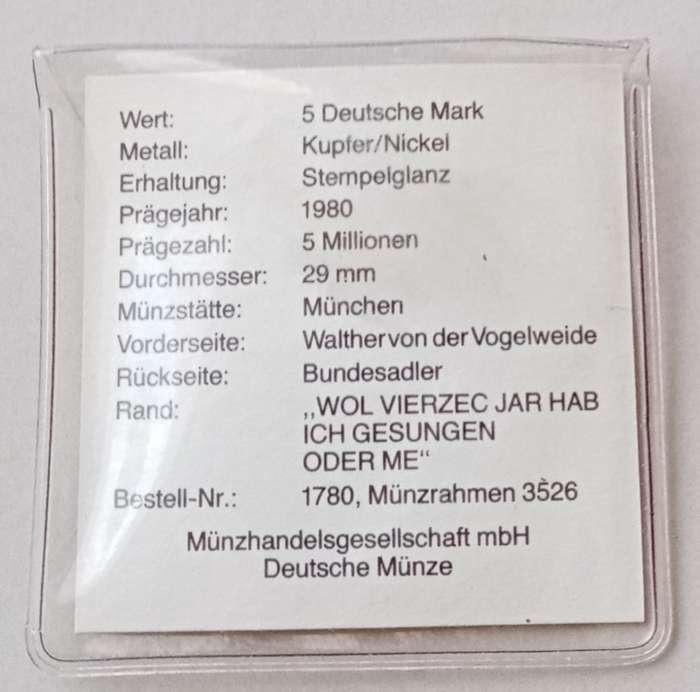 1980 German uncirculated 5 Mark with certificate