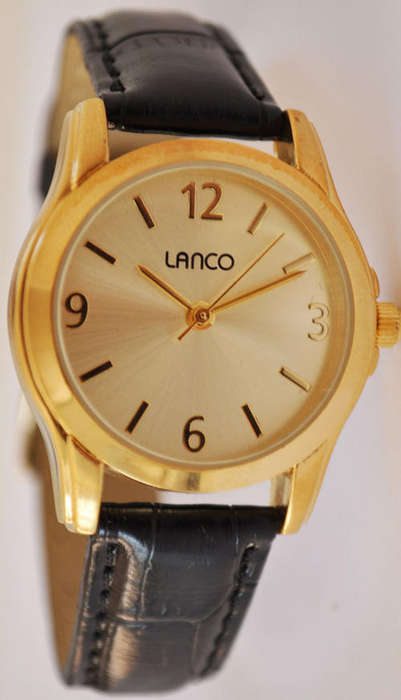 *BRAND NEW* Lanco Ladies Black Leather and Gold Round Champaigne Dial Watch 1651481