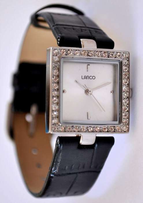 *Brand New* Lanco Ladies Black Leather Strap and White Dial with Crystal Bezel and Silver Accents