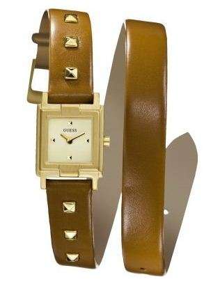BRAND NEW GUESS Ladies Cognac Leather Strap Stainless Steel Watch with Gold Studs *Unique*
