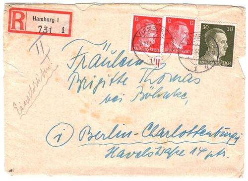 Postal History - Registered envelope Hamburg to Berlin 1944 - Hitler stamps