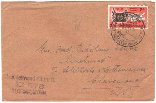 Postal History - Letter Bloemfontein to Claremont, CT - Freestate Centenary 2d 1954